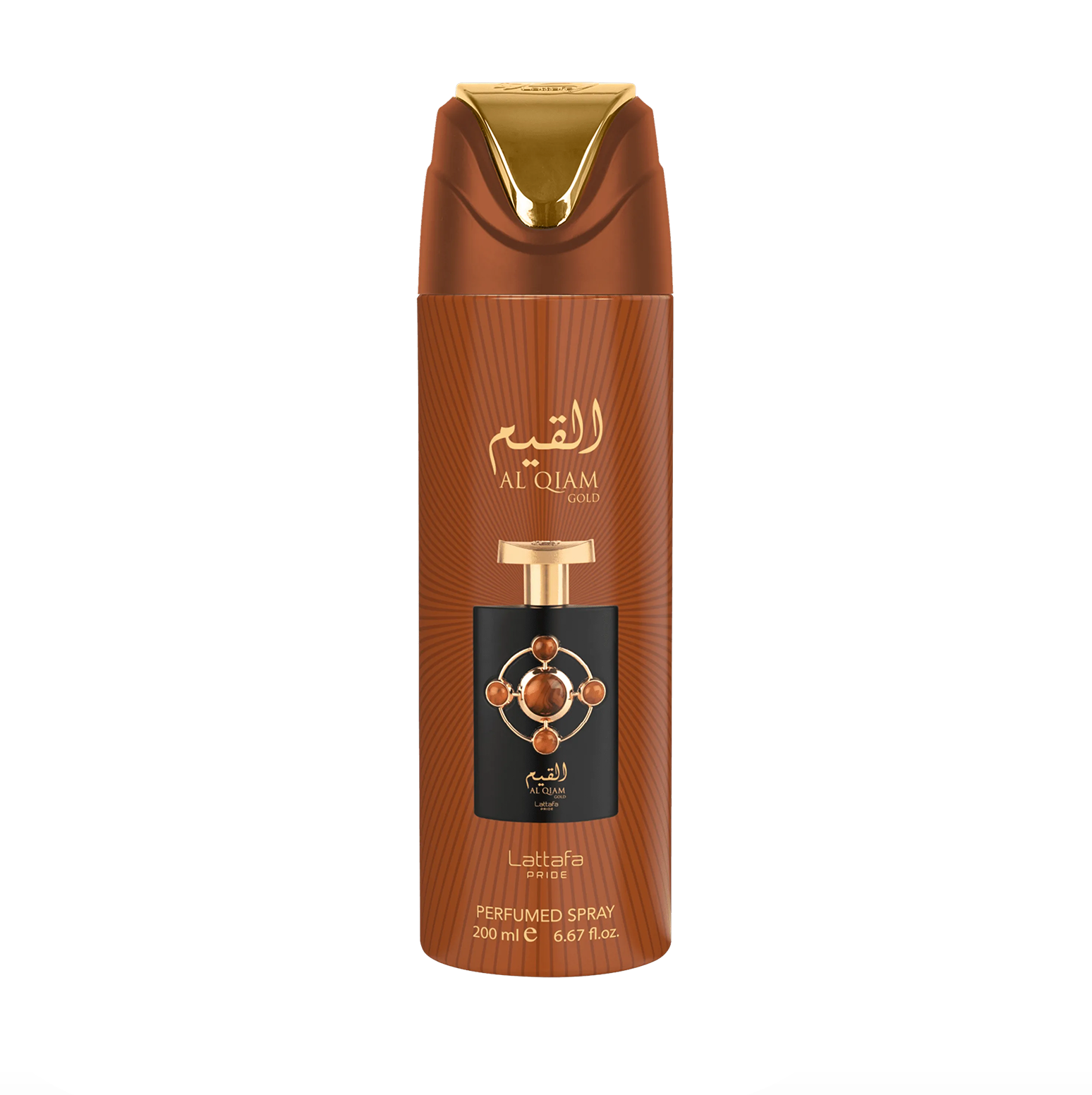 Photographie professionnelle du flacon de déodorant Lattafa Pride Al Qiam Gold (200 ml), mettant en valeur son design élégant et puissant ainsi que la marque haut de gamme de la collection Lattafa Pride sur un fond propre et moderne.