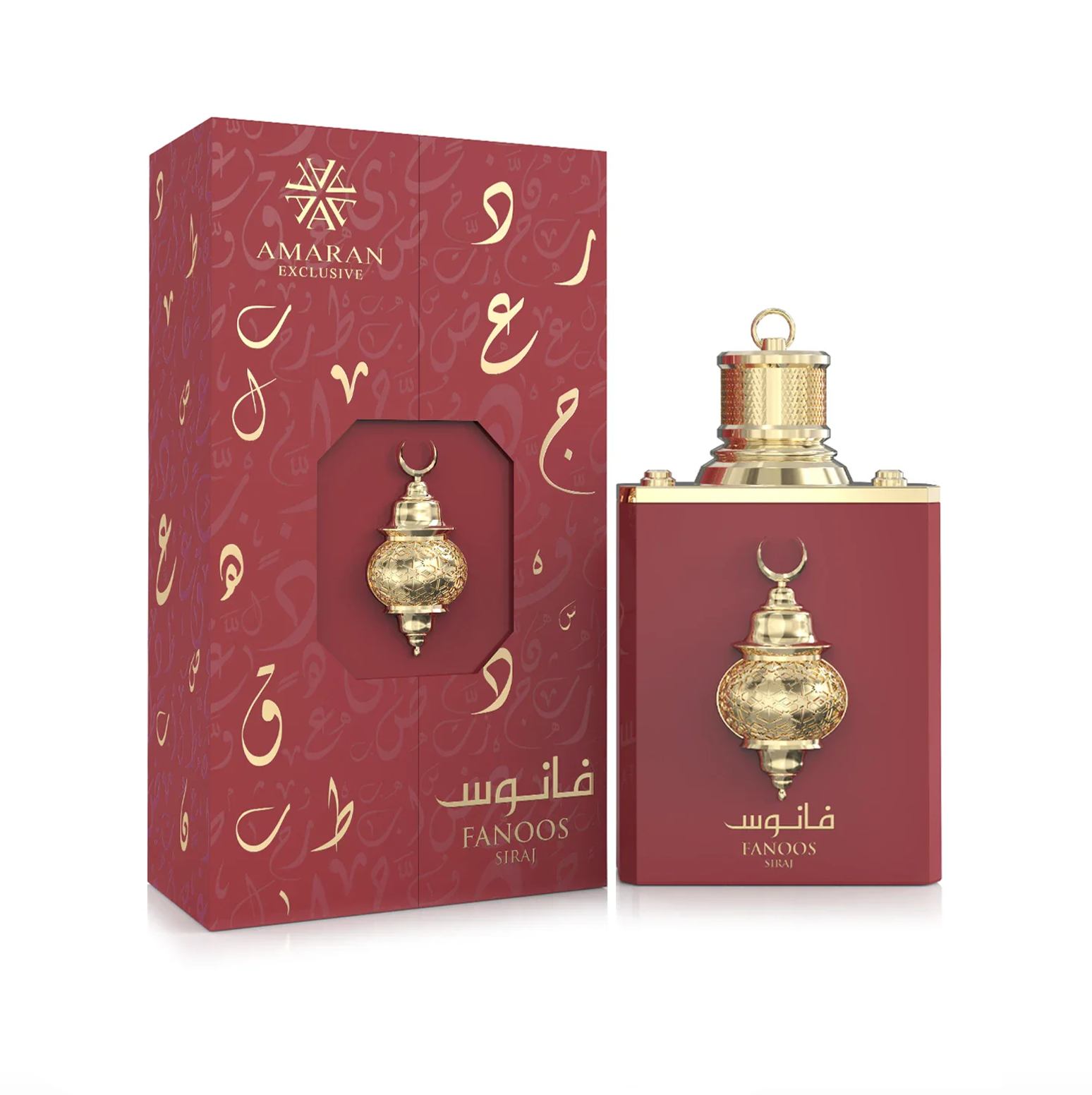A professional product display showing the deep red Fanoos Siraj 100ml bottle standing beside its matching calligraphy-adorned gift box, complete with a signature golden lantern emblem.