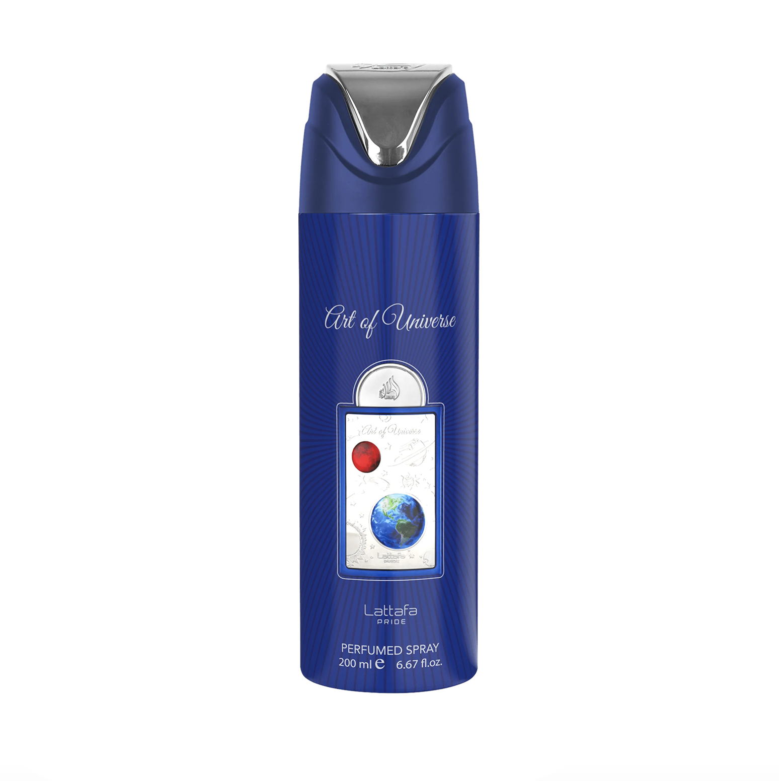 Photographie du déodorant Lattafa Pride Art of Universe, flacon bleu (200ml), mettant en valeur son design épuré et la marque premium et élégante de la collection Lattafa Pride sur un fond blanc épuré.