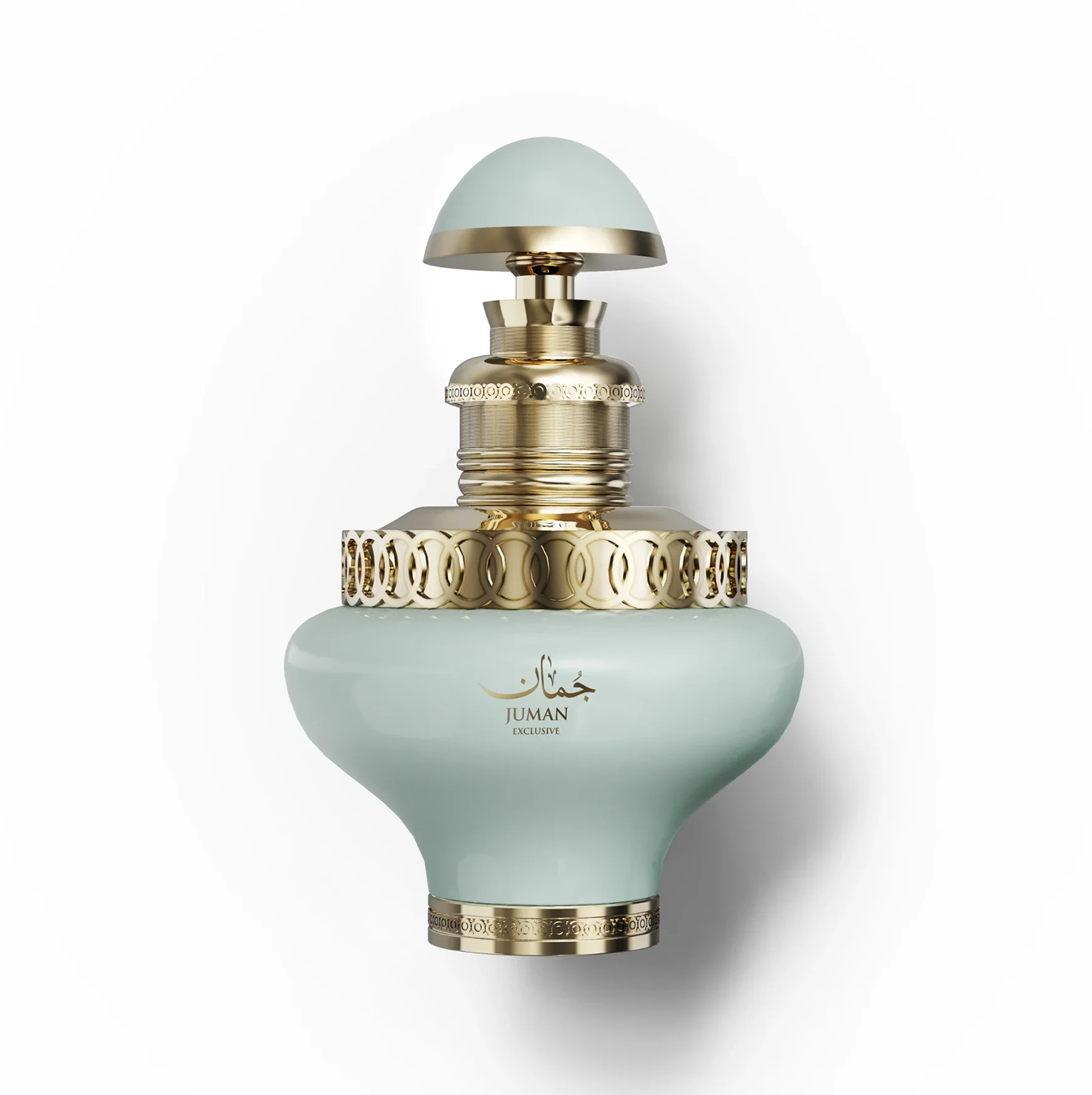 Une photo de studio du flacon vert pâle avec des accents dorés de Juman Exclusive 100ml.