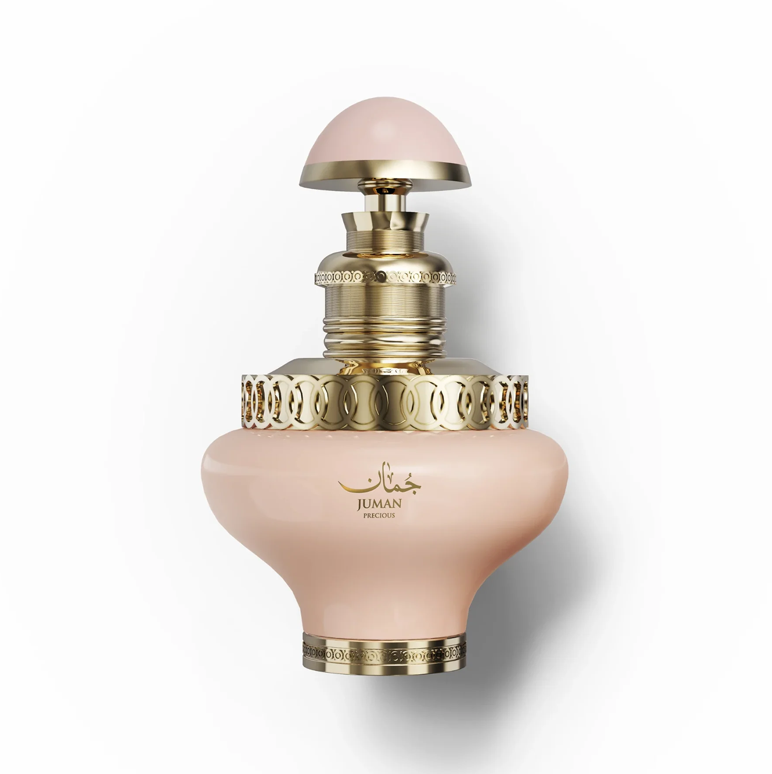 Gros plan sur le flacon de parfum féminin Juman Precious 100ml avec détails dorés. Une prise de vue nette en studio du flacon en verre Juman Precious 100ml, mettant en évidence son corps délicat aux tons doux et ses accents métalliques complexes aux tons dorés autour du col et de la base.