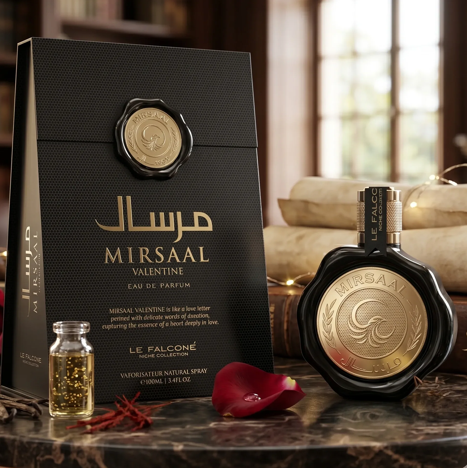 Une présentation luxueuse de l'Eau de Parfum Mirsaal Valentine, avec le flacon noir de 100ml scellé à la cire et son coffret cadeau noir assorti, stylisé avec une pétale de rose et des accents dorés sur une table classique.