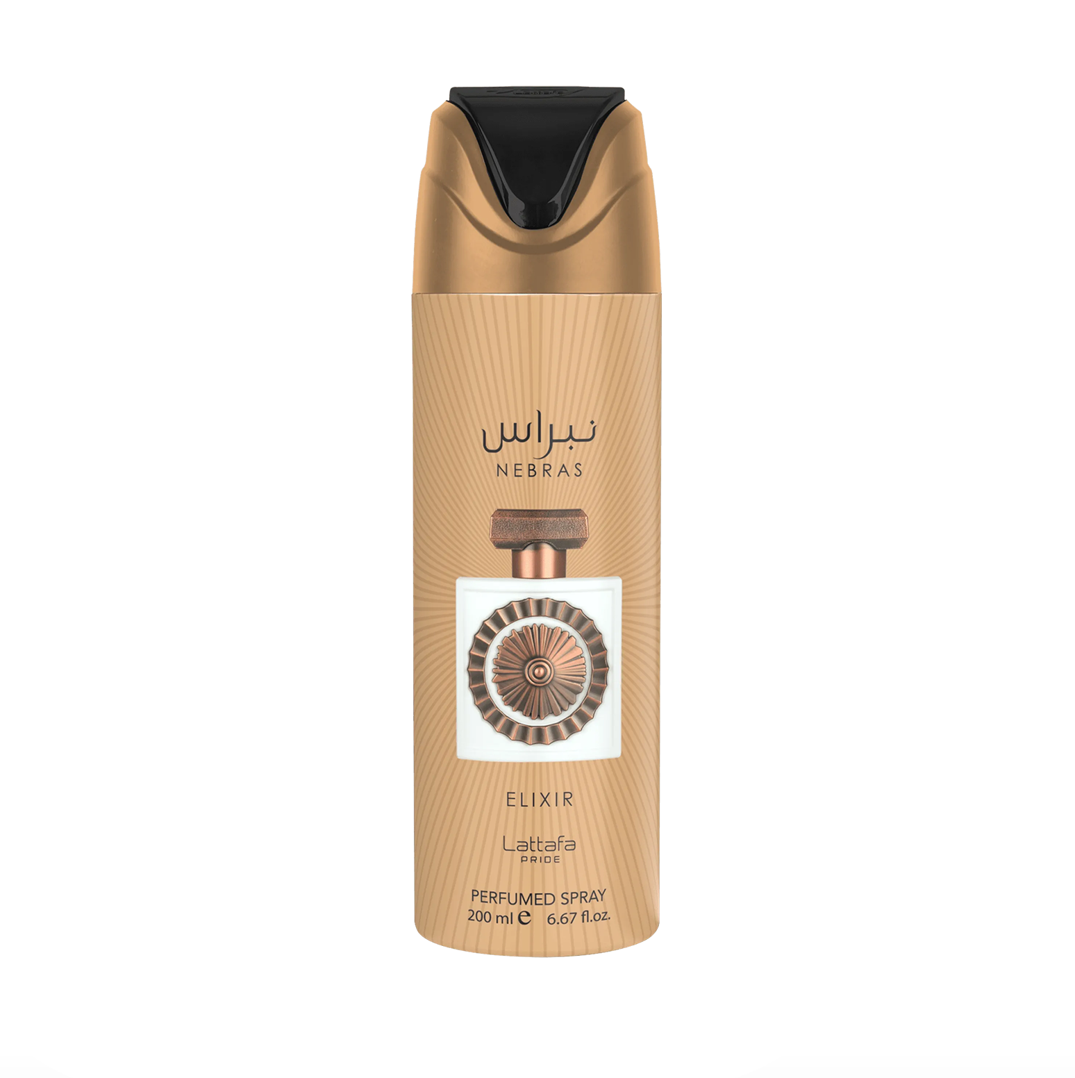 Photographie professionnelle du flacon de déodorant Lattafa Pride Nebras Elixir (200ml), mettant en valeur son design épuré et la marque premium et élégante de la collection Lattafa Pride sur un fond propre et moderne.