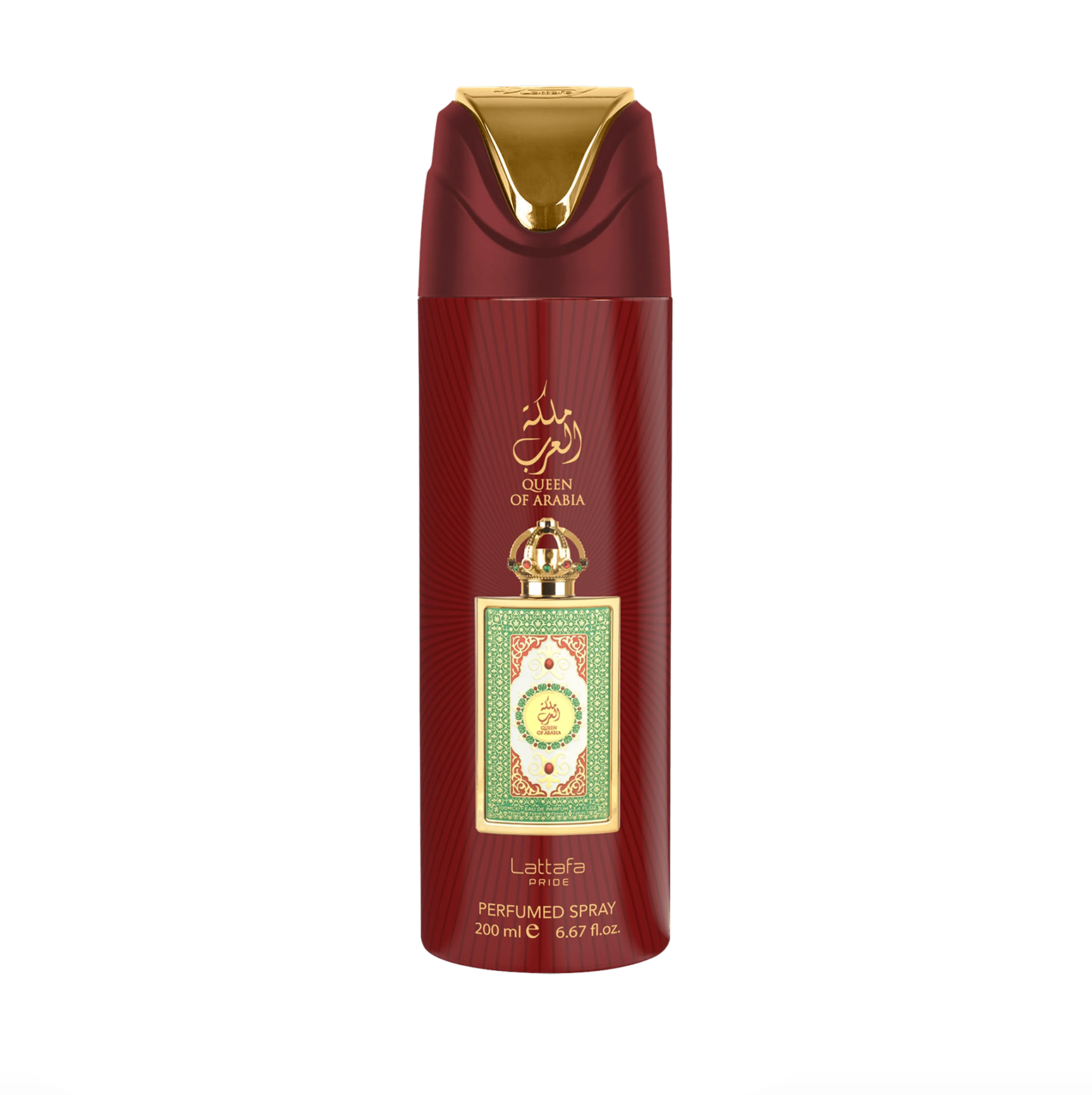 Photographie professionnelle du flacon de déodorant Lattafa Pride Queen of Arabia (200ml), mettant en valeur son design épuré et la marque premium et élégante de la collection Lattafa Pride sur un fond propre et moderne.