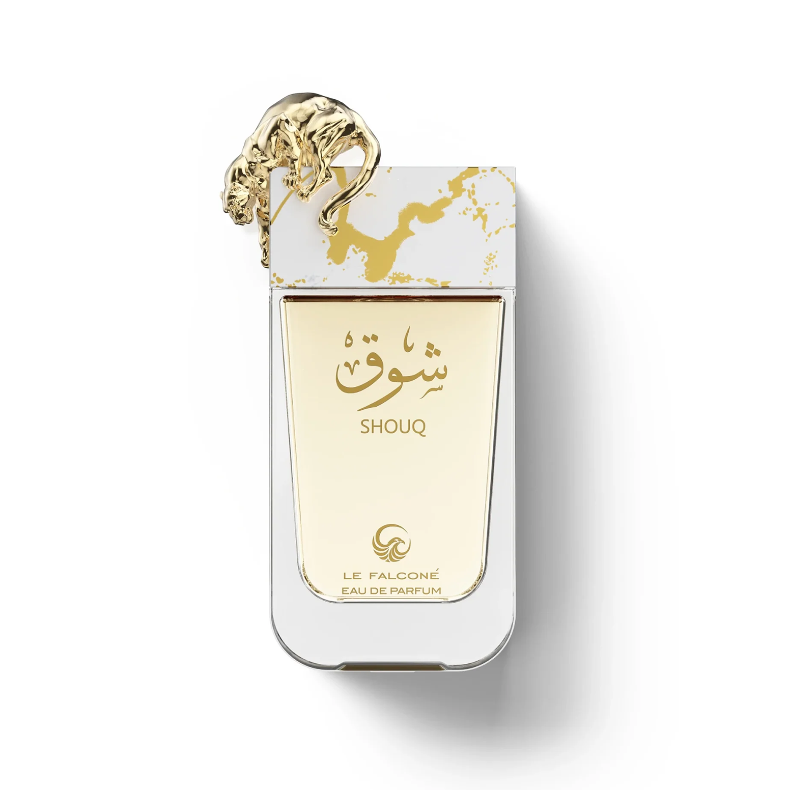 Une élégante prise de vue en studio du flacon en verre Le Falconé Shouq 90ml, mettant en valeur sa calligraphie arabe sophistiquée, son esthétique épurée et la sculpture artistique et distincte de la panthère dorée reposant sur le bouchon marbré blanc et or.